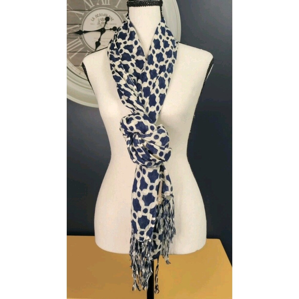 Spartina 449 100% Viscose Scarf Wrap Navy Blue Cream Geometric Pattern Fringe OS